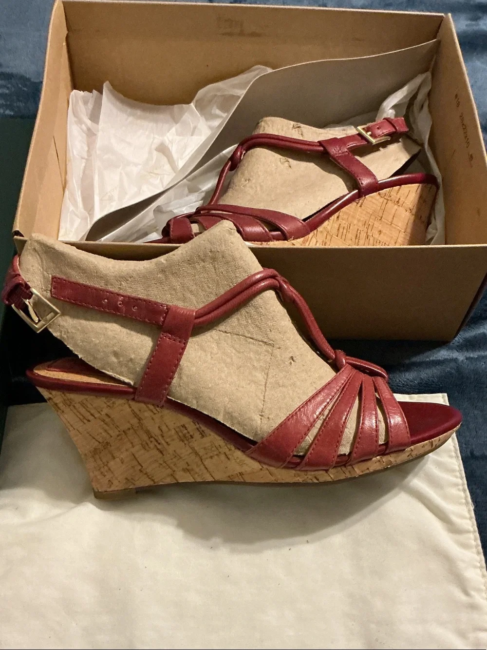 Clarks Red T-Strap Wedge Sandals with Knotted Front